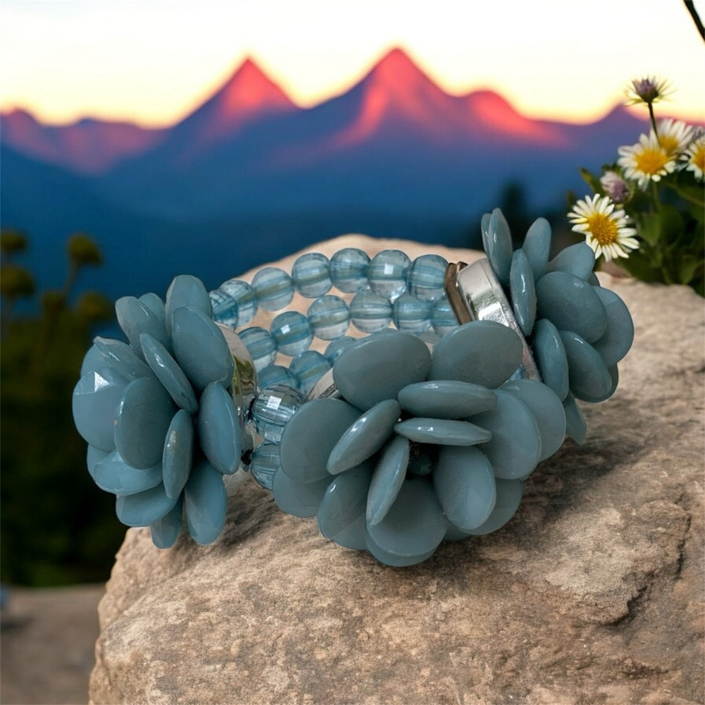 Flower Stretch Bracelet Chunky Fashion Jewelry Beaded Wrist Band Light‎ Blue